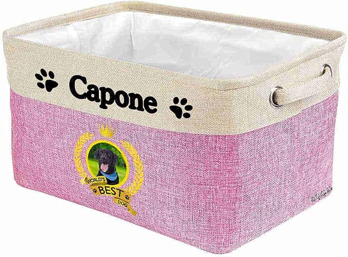 Custom Name Collapsible Dog Toy Storage Basket Bin World's Best Dog Labrador Blue scarf Foldable Pet Toy Box Closet Shelf Baskets Organizer for Bedroom Home Dog Cat with Handles Pink