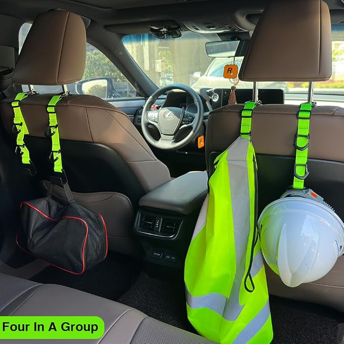 Car Headrest Hooks, Backseat Storage Organizer Hangers, Universal Vehicle Seat Back Hooks, 4 Pack (brightgreen)