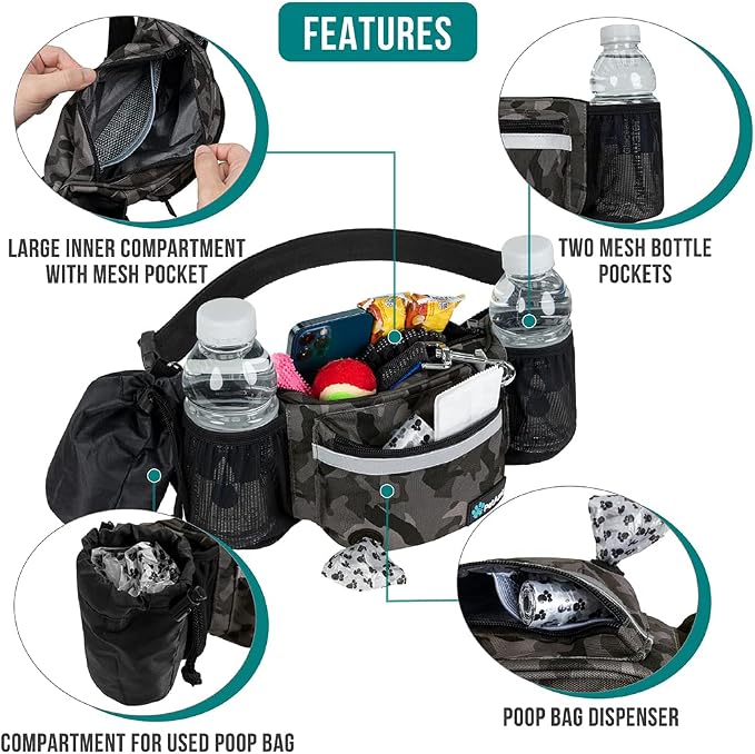 PetAmi Dog Fanny Pack, Treat Pouch for Dog Walking Training, Camo Black | Built in Poop Bag Dispenser, Water Bottle Holder, Collapsible Bowl, Pet Treat Waist Belt for Hiking Running Kibbles