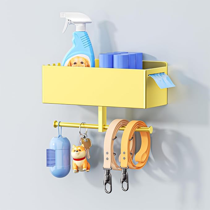 Dog Leash Holder for Wall, Dog Leash Hooks, Pet Stuff Organizer with Shelf Storage, Metal Key Holder, Leash Hangers Organizer Rack for Pet Collar, Toys, Treats, Poop Bag (Gold)