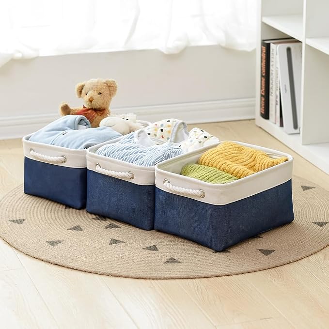 Storage Bins for Shelves - 1 Pack 13.8x9.7x6.7 inch Collapsible Storage Basket for Organizing, Dog Toy Bin for Closet Organizer laundry Cloth Nursery (White & Jean Blue)