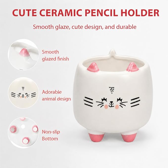 Ceramic Cat Shaped Pen Pencil Holder for Desk Decoration Accessories Cat Decor Makeup Brush Pen Cups Office School Ideal Gifts for Women, Mom or Birthdays