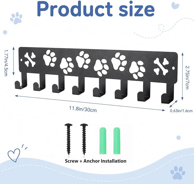Dog Leash Holder for Wall Dog Decor Key Hangers Organizers, 1Pc | 11.8x2.75in Leash Holder for Wall Key Rack Iron Paw Design Screw Anchors Mounts for Entryway Hallway Storage