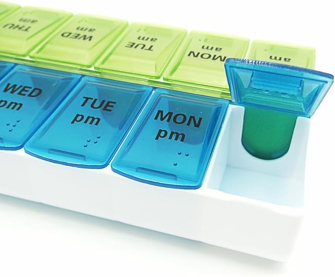 Weekly Pill Organizer Dispenser Case, 2 Times a Day, One-Side Open | 7 Day Medicine Planner Box for Easy Filling, AM PM Pill Case for Vitamins, Medication, Supplements, Fish Oils, Blue + Green