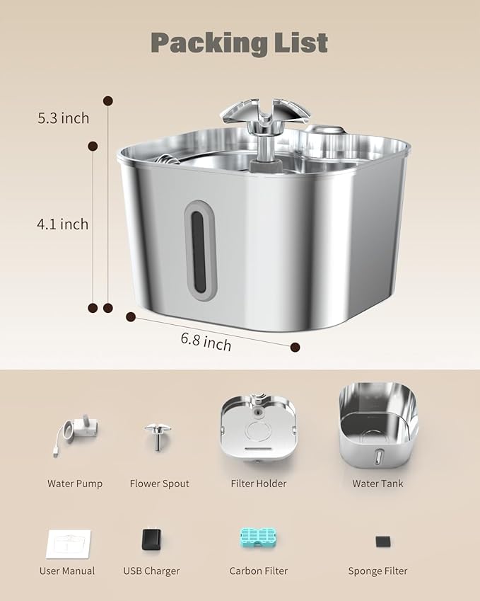 Wonder Creature Cat Water Fountain Stainless Steel, 74oz/2.2L Ultra-Quiet Cat Drinking Fountain, Easy to Clean, Indoor Water Dountain for Cats, Kittens, Small Dogs