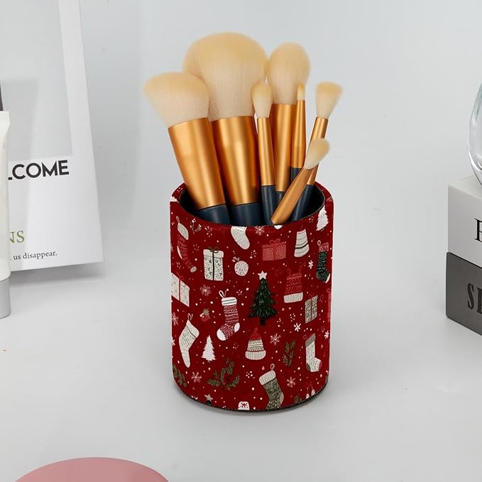 Faux Leather Pen Holder for Desk, Pencil Organizer Christmas Elements Pen Cup Desk Decor Makeup Brush Holder Storage for Office Home