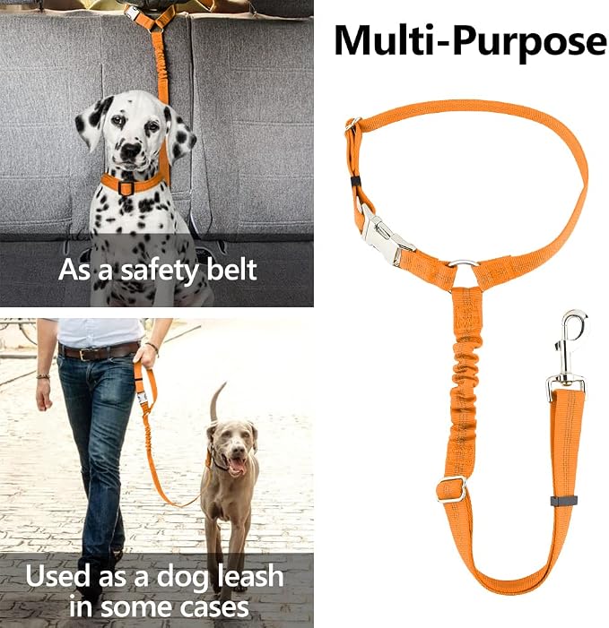Plutus Pet Dog Seat Belt for Car Headrest, Reflective with Elastic Bungee | Adjustable Restraint for Safety, Vehicle Seatbelt Harness for Small Medium Large Dogs and Cats, Orange