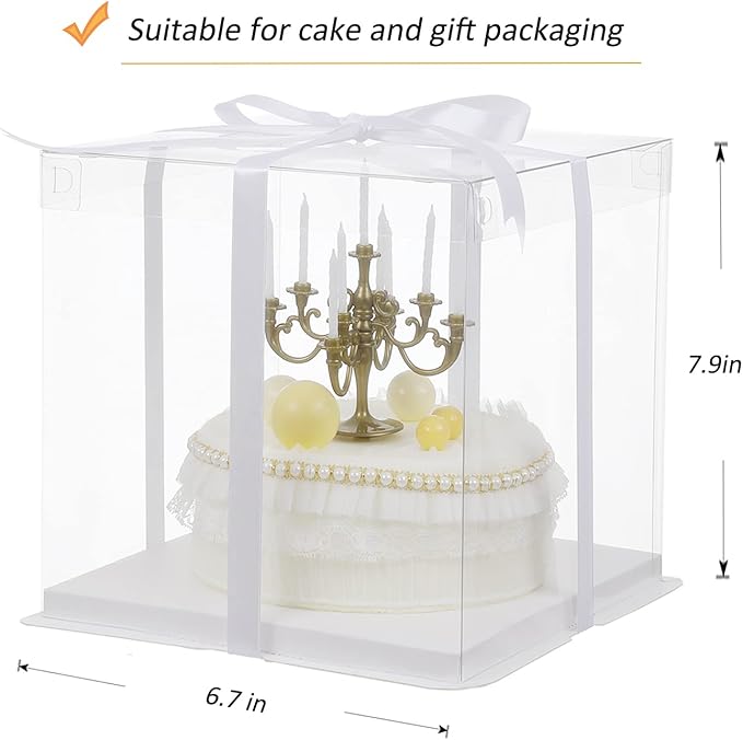XININSUN 6Pcs clear cake boxes with Ribbon, 6inch cake boxes for Christmas Bakery Treat,Holiday Pastries,Gift Giving-White