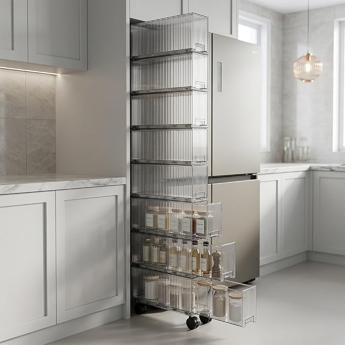 Slim Storage Cabinet with Wheels, Space Saving Narrow Rolling Cart, Thickened PET Transparent Drawer Organizer, Mobile Bathroom for Small Spaces Kitchen Laundry(Clear Gray,5.9*15.9*59.7in)