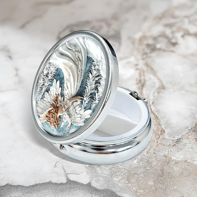 Portable Round 3 Compartment Metal Pill Box Beautiful Winter Angel with Pine Trees for Travel Medication Organization Hiking or Gift Giving
