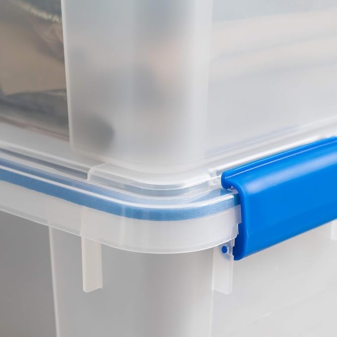 IRIS USA 3-Pack 60 Qt Storage Bins with Gasket Lids, Clear/Blue | WeatherPro seal helps protect bulky items for moving, garage, attic and basement storage