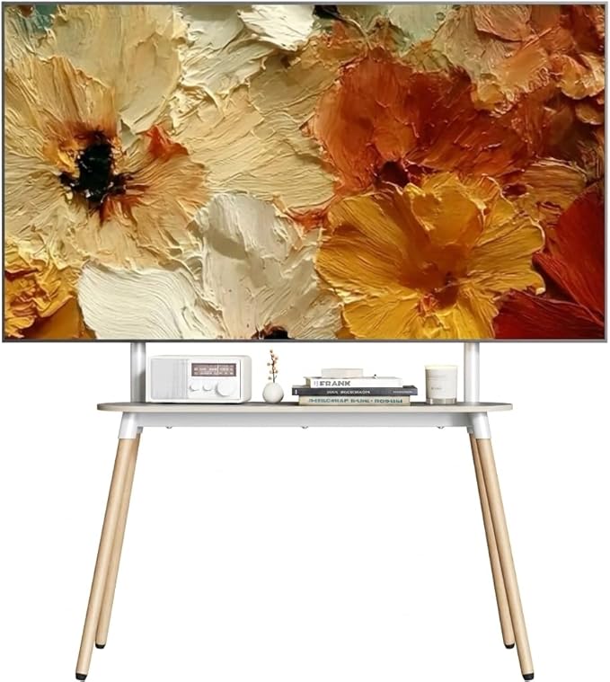 4-Leg Easel TV Stand for 49-86" TVs, 110 lbs, White | Height-adjustable floor TV stand, storage shelf, cable management and protective pads for living room, office or school