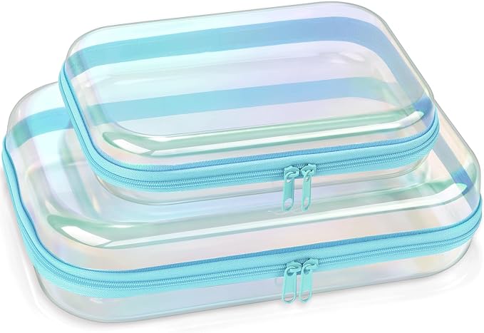 Clear Hard Shell Organizer Cases, 2 Pack | Iridescent PET shell with water-resistant, scratch-resistant surface for travel, toiletries, electronics and daily essentials