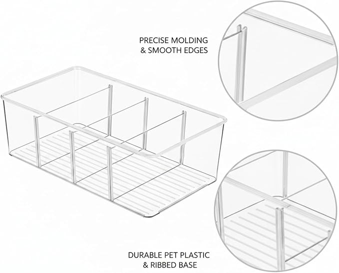 Durable PET Plastic Storage Bin with Lid and Dividers, Clear Organizer Box for Bathroom, Kitchen, and Office Desk, 10.4 x 6.1 x 3.5 Inches
