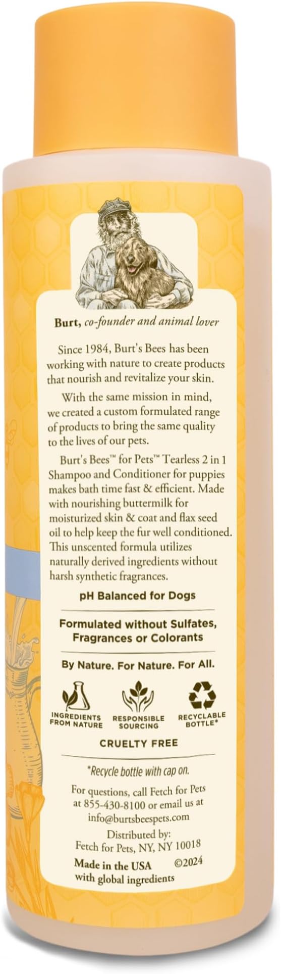 Burt's Bees for Pets Tearless Puppy Shampoo with Buttermilk and Flaxseed Oil, Gentle Dog Shampoo for Puppies 8+ Weeks, Fragrance Free Coat Cleanser with 95% Natural Origin Formula, 16 Fl Oz