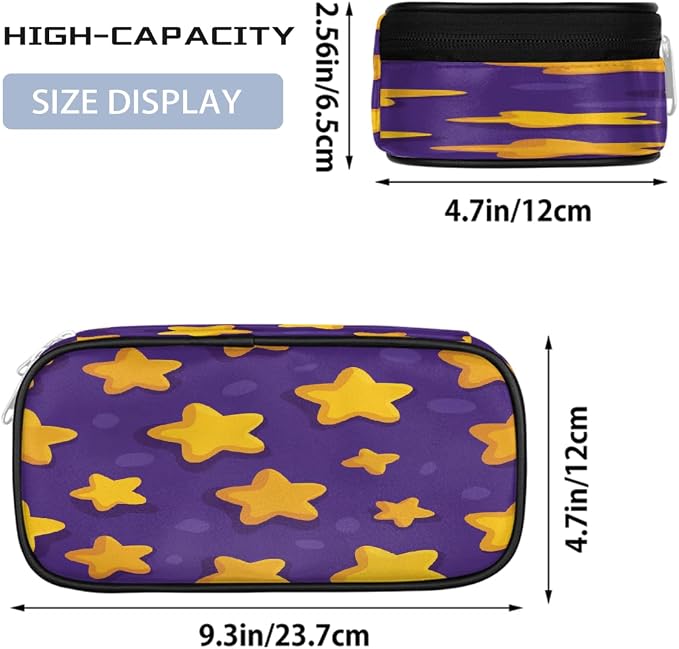Pencil Cases Large Capacity Pen Pouch, Yellow Stars And Purple Pattern Pencil Box Organizer School Supplies for College Student Teen Adults