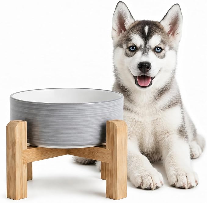 hjn Elevated Ceramic Dog Bowl with Bamboo Stand, Raised Pet Feeding Station for Small Medium Dogs Cats, Modern Design with Anti-Slip Base (White Gray, 3.6Cup)