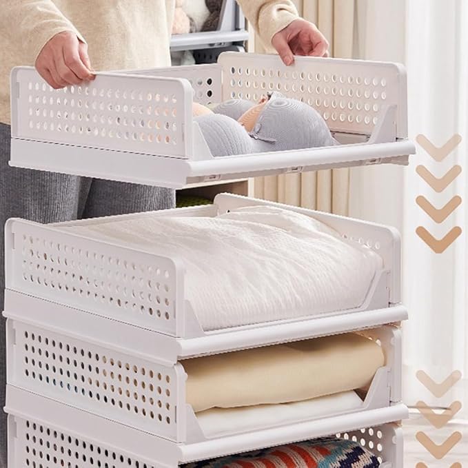 This Foldable and Stackable Clothes 4-Tier White Storage Shelf with Drawer for Bedroom Kitchen Living Room Bathroom (H-18 cm + 3-Tier H-14 cm)