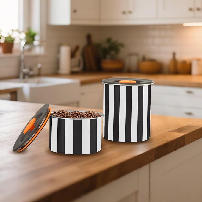 Black and White Stripes Airtight Food Canister, 30oz Stainless Steel Storage Jar for Coffee Beans Tea Grains Snacks, Kitchen Organizer Decor
