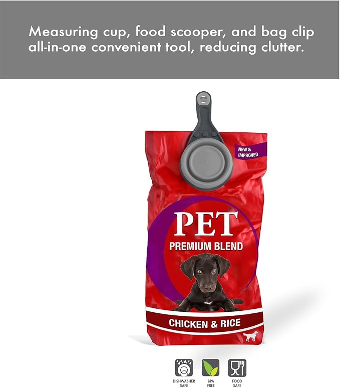 Dexas Popware for Pets Collapsible Klip Scoop, 3-in-1 Pet Food Scoop, Measuring Cup and Bag Clip, 2 Cup Capacity, Light Gray