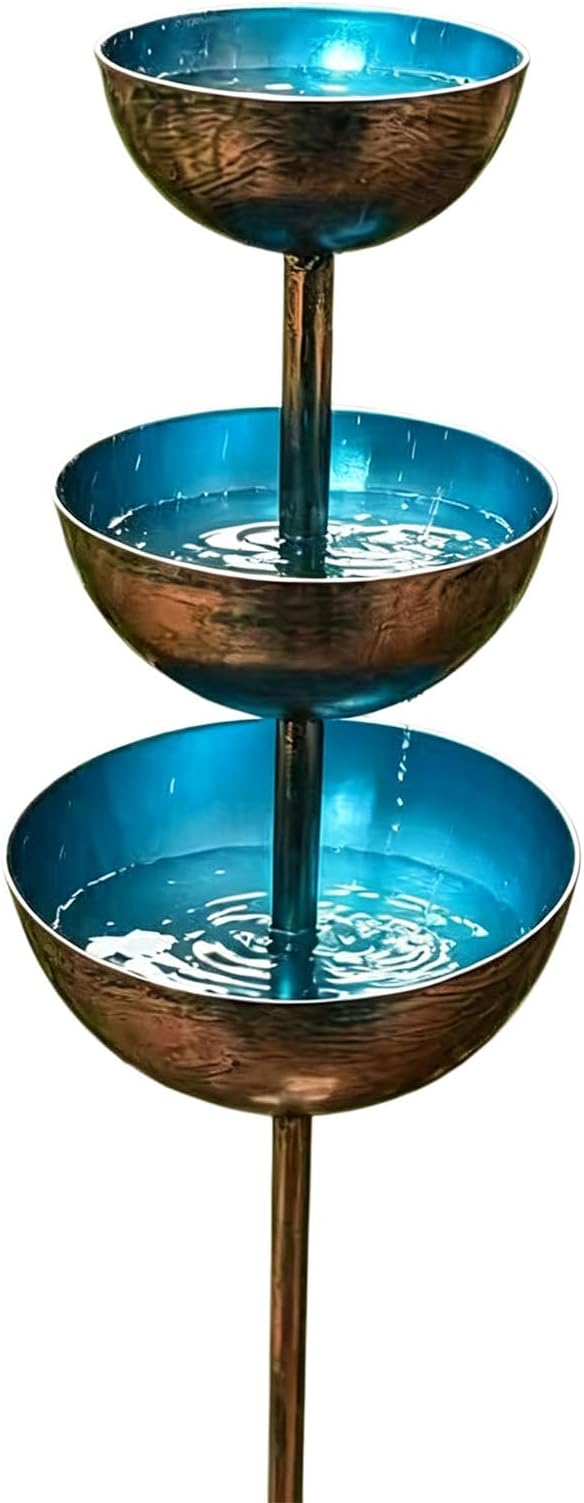 Rain Catcher Bird Bath 3-Tier, Rain Catcher Garden Stake, Antique Bronze Metal Water Bowls Bird Bath and Bee Watering Station with Soil Post for Lawn Edge,Flower Bed, and Open Yard Display