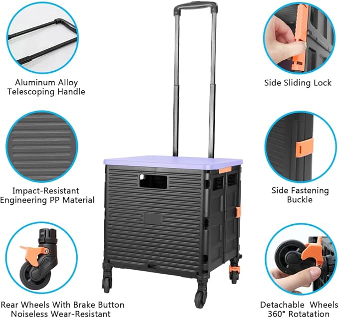 FELICON SELORSS Foldable Utility Cart Folding Portable Rolling Crate-Purple | Heavy Duty,Telescoping Handle,4 Rotate Wheels,Collapsible Handcart for Travel Shop Move Luggage Laundry Teacher Office Use