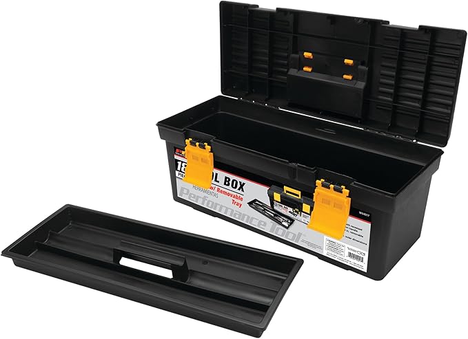 Performance Tool W54017 18-Inch Plastic Box with Handle, Tool Organizer Storage Box, Removable Inner Tray, Lightwieght & Easy to Carry | Heavy duty utility box. Recessed ergonomic comfort handle. Outer dimensions 18 x 7 x 7-1/2 inches