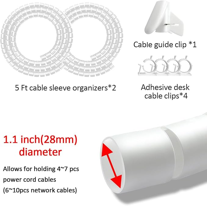 Large Cable Management White Computer Wire Sleeve Organizer Coiled Under Desk Tubes 2 PCS, 1.1 inch -5 ft EZ Spiral Cable Bundler Cover for TV Office, Pet Chew and Bite Proof Cable Protector