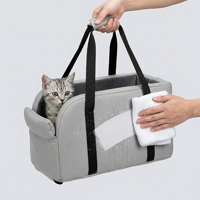 Center Console Dog Car Seat for Pets Up to 9 lb, Grey | Water-resistant faux leather; 16.41 x 7.87 x 8.66 in; pets up to 11 in long. Measure your console before purchase.