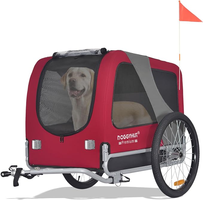 DOGGYHUT® Premium Large Pet Bike Trailer Up to 77 lbs (Red) | Bicycle Trailer for Small Medium or Large Dogs, Dog Bicycle Carrier, Low Center of Gravity, Folding Frame Cart