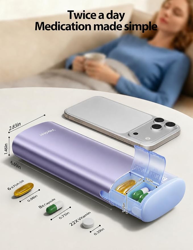 Vaydeer Metal 7 Day Travel Pill Organizer 2 Times a Day, Built-in Desiccant | AM PM weekly Travel Pill Case, Twice-Daily，Airtight Large Capacity Pill Box for Vitamins, Medication, Supplements & Fish Oil
