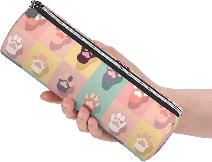 OSAM SPACE Leather Pencil Case Round Pencil Bag Cute Pet Paw Pen Organizer Holder Portable Zipper Pouch Cute School Supplies for Girls Boys Study Office