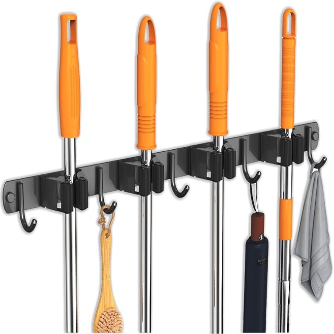 CUXIXA Mop and Broom Holder Wall Mount, Upgraded Broom Organizer Wall Mount, Stainless Steel Broom Hanger Wall Mount for Kitchen Garden Laundry Room Decor(4 Racks with 5 Hooks Black)