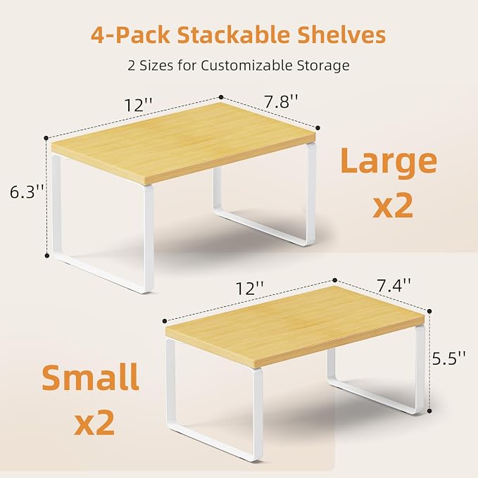 LAMU Cabinet Organizer Shelf, Set of 4 Expandable Kitchen Counter Shelve Plate Organizer for Cabiner, Stackable Spice Rack, CupBoard Organizers and Storage, Wood