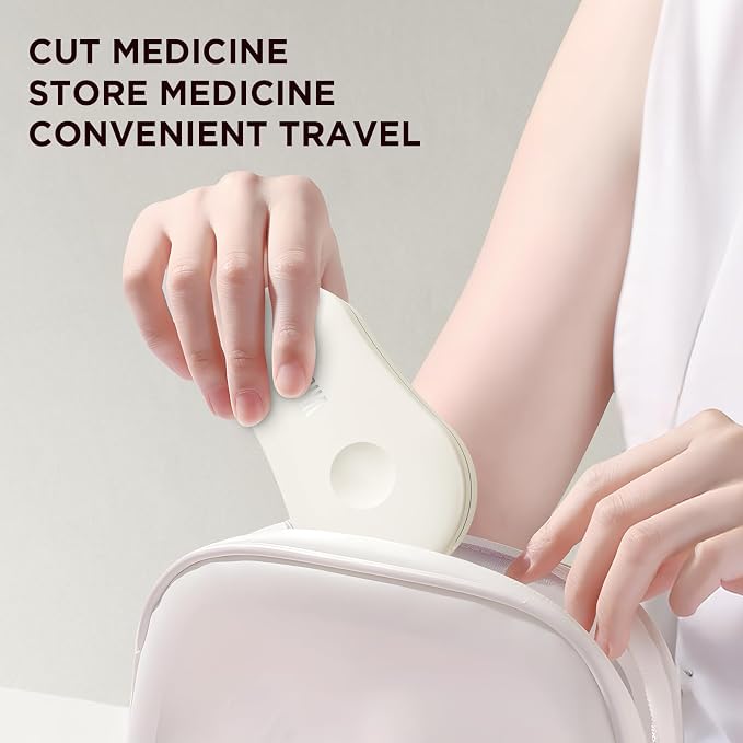 Pill Cutter for Small and Tiny Pills - Pill Splitter with Detachable Silicone Pad - Easy Open Snap Button. Wrap-Around Blade Guard Prevents Cuts. Back Storage (White)