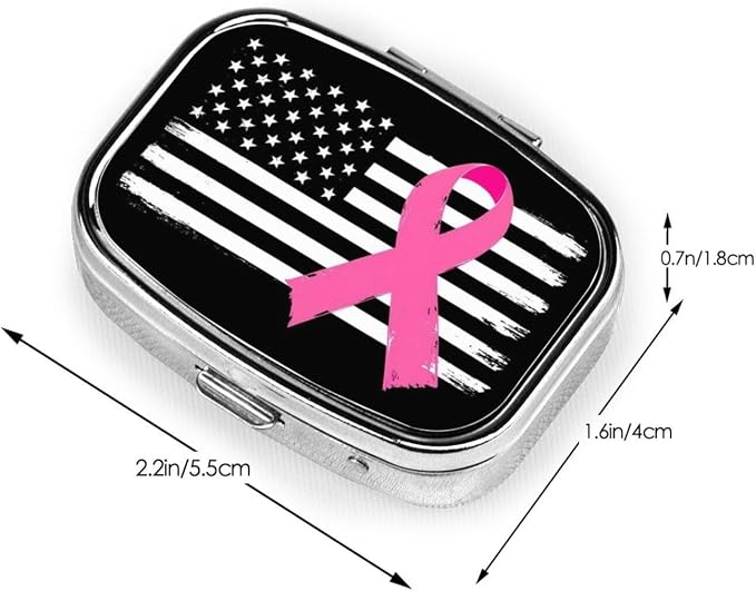 Breast Cancer Awareness Pink Ribbon American Flag Pill Box 2 Compartment Medicine Pill Case Portable Pill Box for Pocket or Purse Pill Box