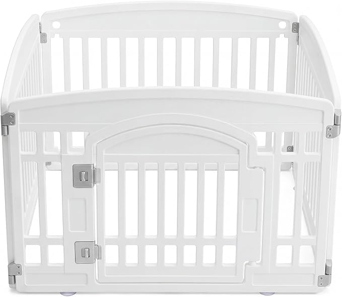 NEWBULIG Dog Playpen 24 Inch 4 Panels Plastic Pet Play Pen Fence | Portable, Secure Locking Door, Indoor Outdoor Yard RV Camping, Small Medium Dogs, White