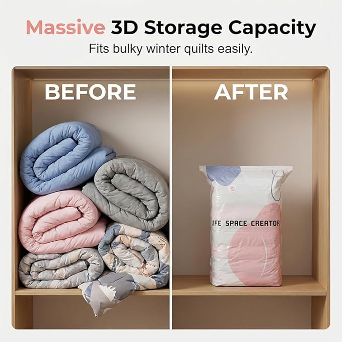 No-Pump Vacuum Storage Bags, 2026 New Reusable Space Saver Bags, 3-Sec Fast Compression, Air Tight Compression Storage Bags for Clothes, for Clothes, Comforters, Blankets (2PCS, Medium)