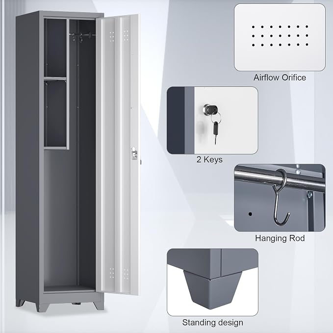 65" H Broom Closet Storage Cabinets, Utility Cabinet for Brooms and Mops, Steel Cleaning Tool Cabinet with Hanging Rod & S-Hooks for Bathroom, Garage, Laundry Room
