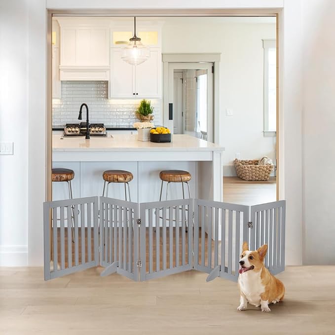unipaws 24”H Free Standing Pet Gate for Dog Cat, 100”Wide Wooden Dog Gates | Foldable Pet Fence for Doorway, Stairs, Step, Expandable Doggy Barrier, Indoor Use