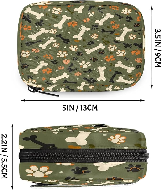 Weekly Pill Organizer Travel Size Bag with Removable 7 Day Pill Box Portable Vitamin Case Purse with Zipper,Olive Pet Paws Bones