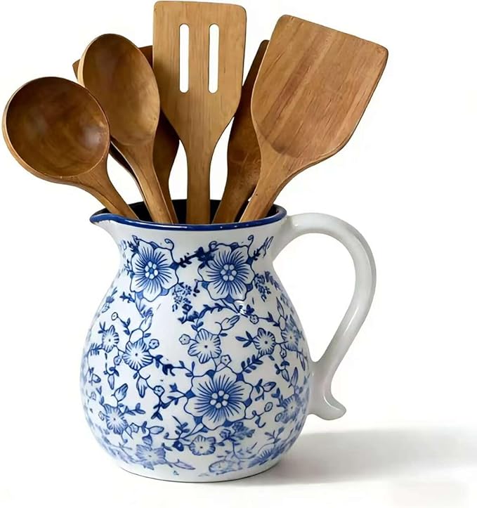 Farmhouse Ceramic Utensil Holder, 6.1"Rustic Cooking Utensil Holder | Utensil Organizer Crock with Handle for Kitchen Counter, Vintage Countertop Home Decor, Flower Pot, Spoon Tool Tray