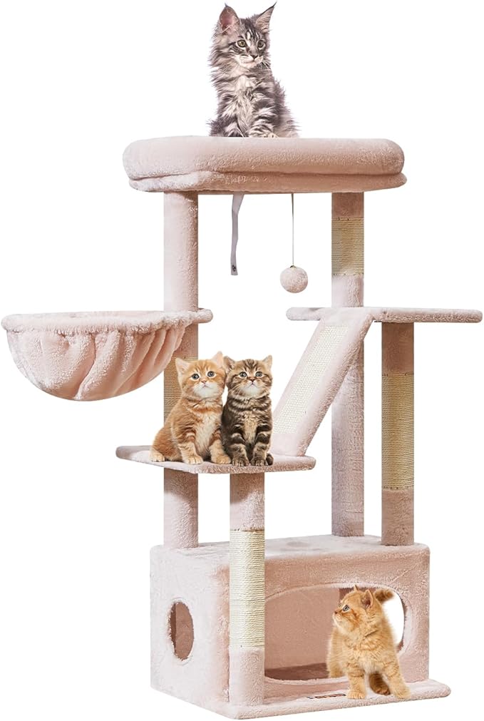 Taoqimiao Cat Tree, 38.5In Cat Tower for Indoor Cats, Suitable for Kittens | Thick Padded Top Perch, Luxurious Cat Condo, Adjustable Basket, 1-Piece Ramp Scratcher, 3 Natural Sisal Posts, Pink, MS029SP