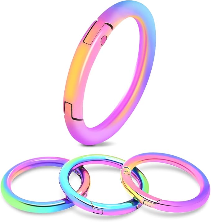 CooBigo 10Pack 1-1/4 Inch Large Round Rainbow Carabiner Clips, Metal Spring O Ring Keychain Rings for Purse Chain Ring Clip Dog Tags Clip Replacement Paracord Keychain Lanyard Leather DIY Crafts