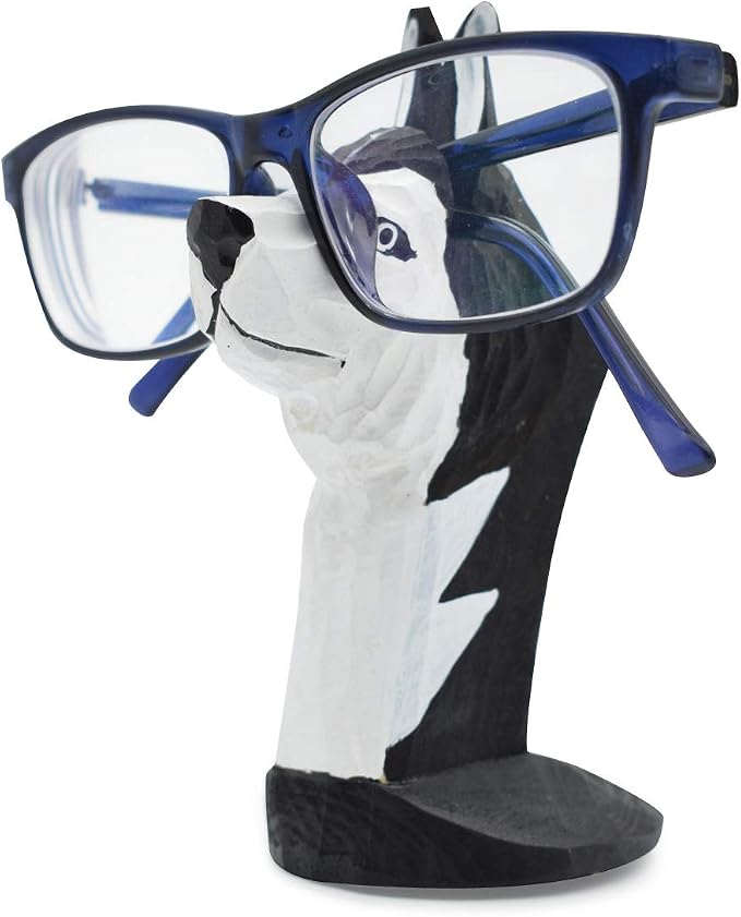 Handmade Wood Carving Eyeglasses Spectacle Holder Stand Sunglasses Display Rack Home Office Desk Décor Gift (Husky Dog)