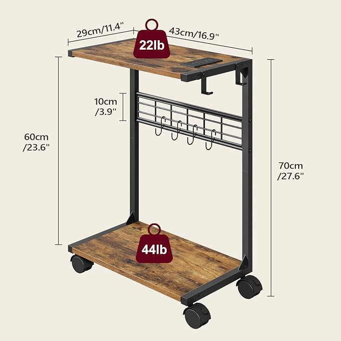 PC Stand, Computer Tower Stand with Charging Station, 16.9"W x 11.4"D x 27.6"H, Computer Cart with Wheels and Hooks, CPU Holder for Carpet, Floor and Under Desk, Easy Assembly, Rustic Brown