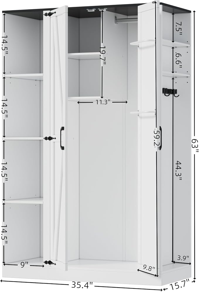 PAKASEPT Broom Closet Storage Cabinet, 63" H Wooden Vacuum Storage Cabinet, Closet with Door, Cleaning Tool Organizer with Shelf and Broom Holder, 63" H×35.4" W×15.7" D, White