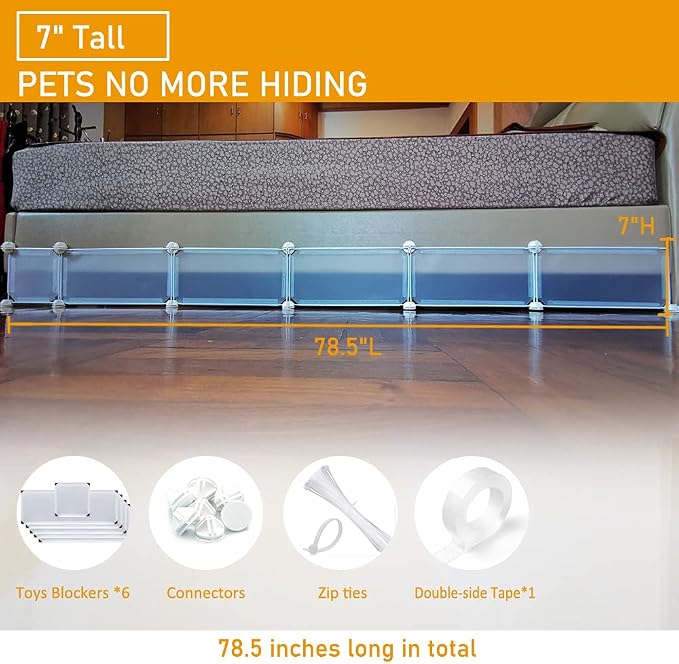 Under Bed Blocker for Pets, Gap Bumper for Under Bed, Stop Things Going Under Bed or Sofa Couch, Toys Blocker for Cats Dogs, Easy to Install, Total 7" Height 78.5" Length, White