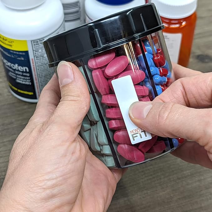 Supplement Pill Dispenser Bottle, 6 Compartment, Labels, Easy Open, Anti-Mixing, Monthly Vitamin Organizer, Monster Fit Jr Medication Holder (Clear, Small)