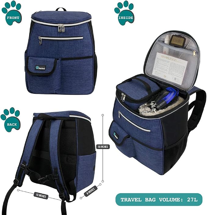 PetAmi Dog Travel Backpack 27L Airline Approved Pet Supplies Bag, Navy Blue | Cat Traveling Suitcase Organizer for Weekend Road Trip Camping; 2 Food Containers, 2 Collapsible Bowls & Poop Bag Dispenser